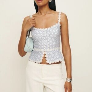 Reformation Minna Top , Light Blue Daisy-Trim Linen Camisole